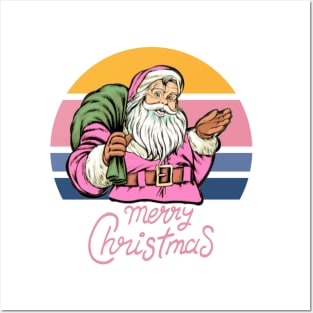 Retro Pink Santa Claus Vintage Merry Christmas Sunset Posters and Art